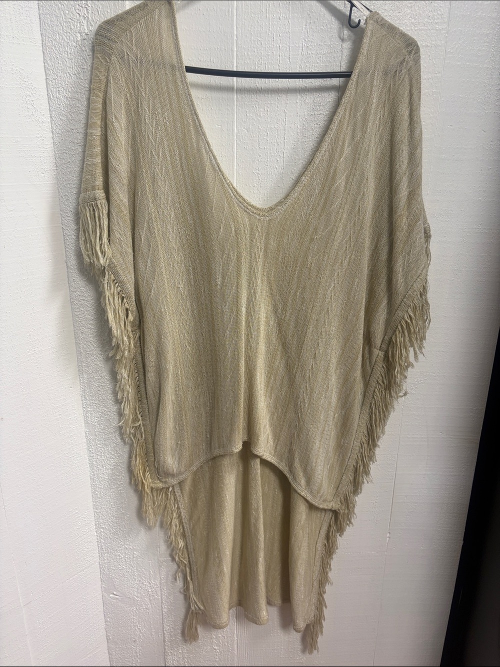 Fringed V-Neck Women's Top in Beige
